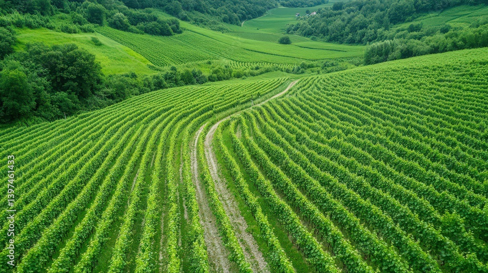 Verdant Vineyard Rows Stretching Across Rolling Green Hills under Natural Sunlight Aerial View Capturing the Essence of Agricultural Beauty
