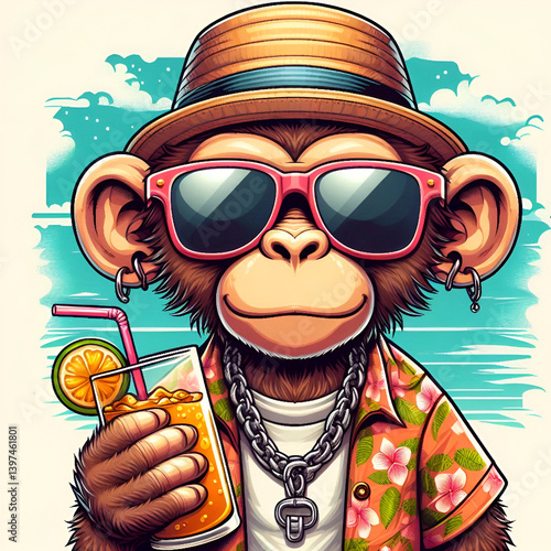 Cool Cartoon Monkey in Sunglasses with Tropical Drink and Beach Outfit

