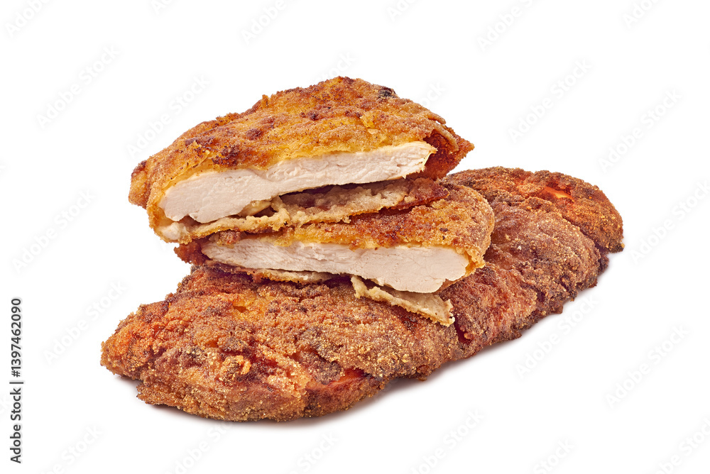 Deliciously Crispy Breaded Chicken Cutlets Displayed on a Clean White Background Deliciously Crispy Breaded Chicken Cutlets Displayed on a Clean White Background
