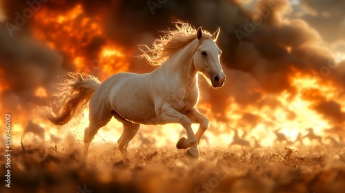 Majestic white horse gallops across a golden field at sunset