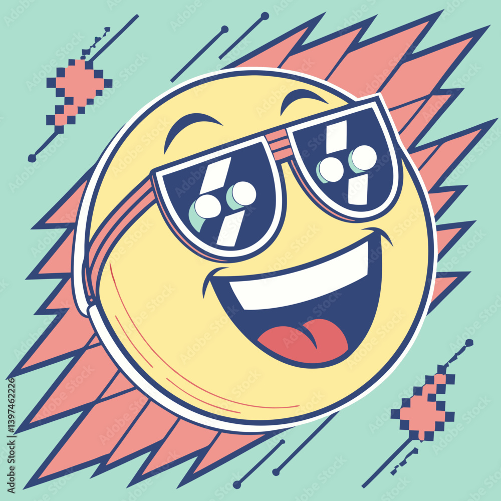 Obraz premium Emoji with pixelated sunglasses and a glitch effect background