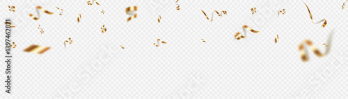 Gold and blurry confetti fly from above on a transparent background. Perfect for party banners, party overlays, party graphics or advertising and holiday designs.
