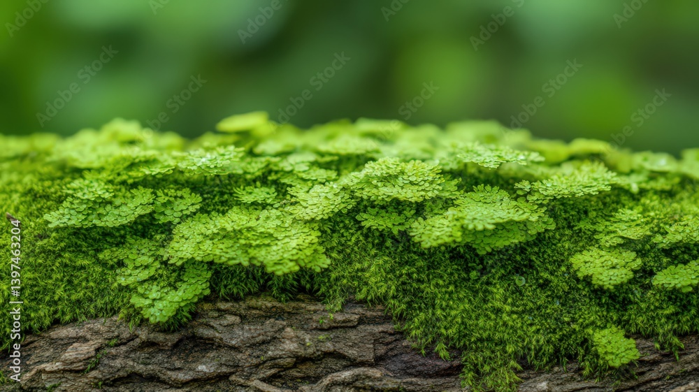 Vibrant Green Moss Growing Profusely On a Textured Tree Branch With a Blurred Green Background Highlighting Nature's Intricate Detail