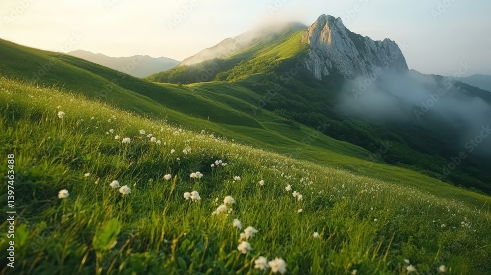 Vibrant Green Mountain Meadow with White Flowers and Foggy Peaks at Sunset in Natural Light