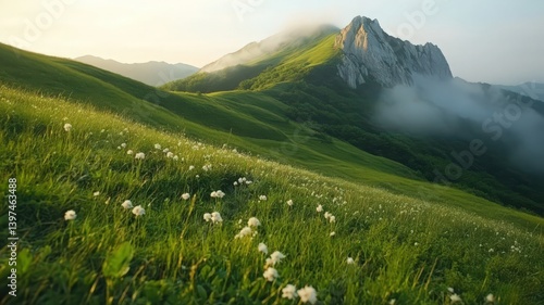Obraz na płótnie Vibrant Green Mountain Meadow with White Flowers and Foggy Peaks at Sunset in Natural Light w salonie