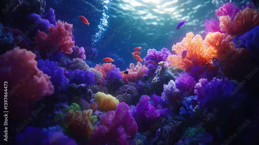 Fototapeta premium Underwater scene with vibrant coral reefs and small swimming fish