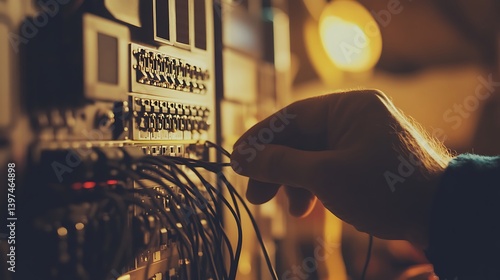 Close-up of a hand adjusting audio equipment with multiple cables and controls, dimly lit background creating a focused atmosphere
