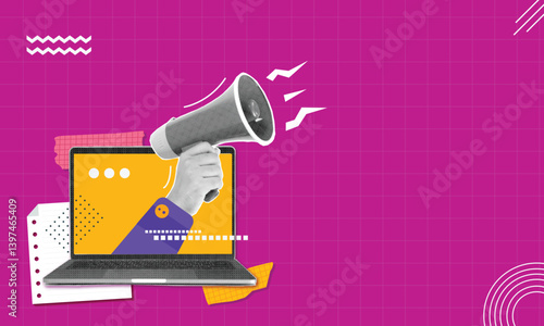Trendy retro Halftone Collage with Megaphone, Laptop and Hand with copy space