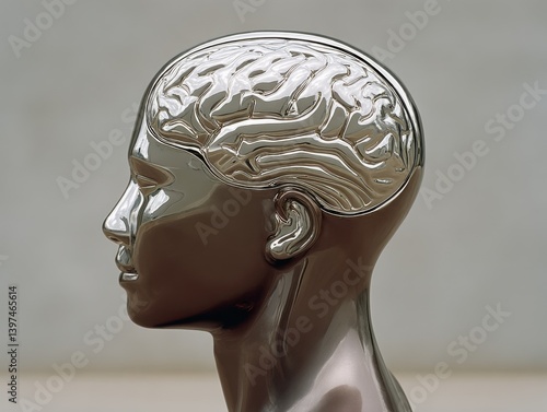 Side view of abstract human head sculpture with engraved brain lines and metallic surface set against soft neutral background in conceptual science inspired photo
