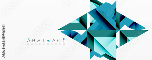 Geometric shapes create abstract composition. Blue, teal hues dominate design. Modern aesthetic, clean lines suggest technology, innovation. Minimalist style, spacious layout.