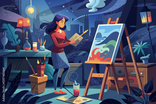 vector of Talented female artist works on abstract oil painting and creates modern painting using brush. A dark and dirty creative studio where a large canvas stands on an easel.