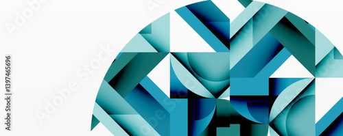 Abstract geometric composition. Blue shades create layered shapes forming partial circle. Modern design, clean lines, minimalist aesthetic. Visual harmony, depth perception.