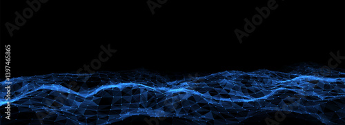 Abstract technology wave of particles. Big data visualization. Vector dark background with motion dots and lines. Artificial intelligence.