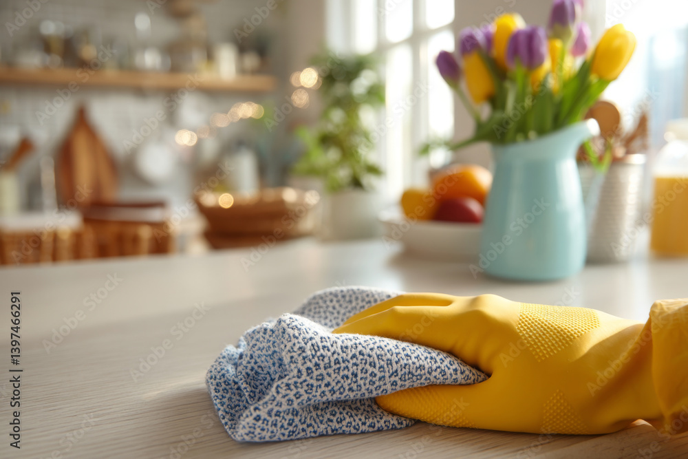 Hand in yellow glove wipes kitchen counter with cloth in morning sunlight, Woman wiping countertop. Spring cleaning concept. Daily chores and housework