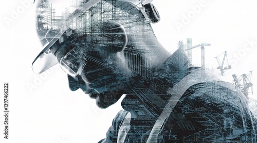 Futuristic Double Exposure Construction Worker with Urban Skyline