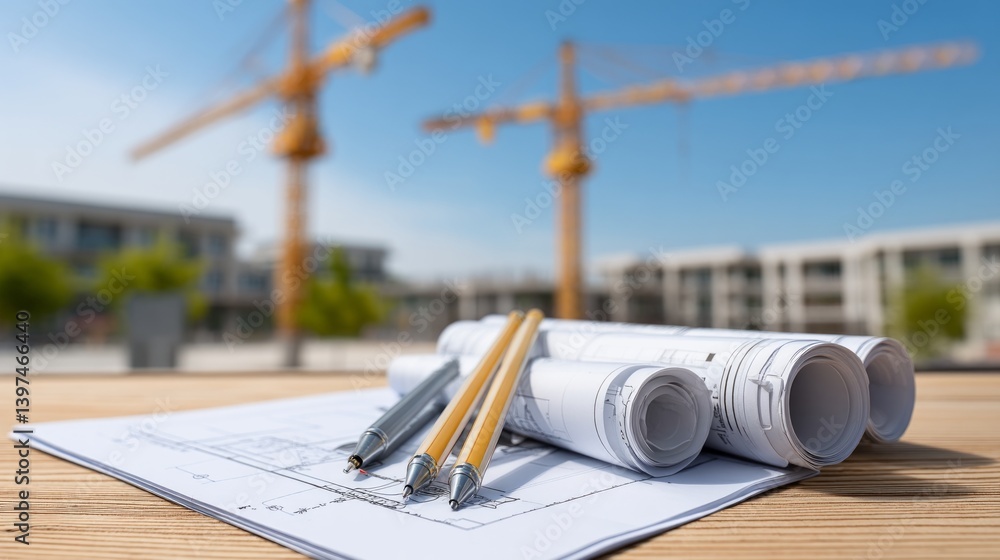 High-resolution construction site with blueprints on a workbench, cranes in action, urban infrastructure growth