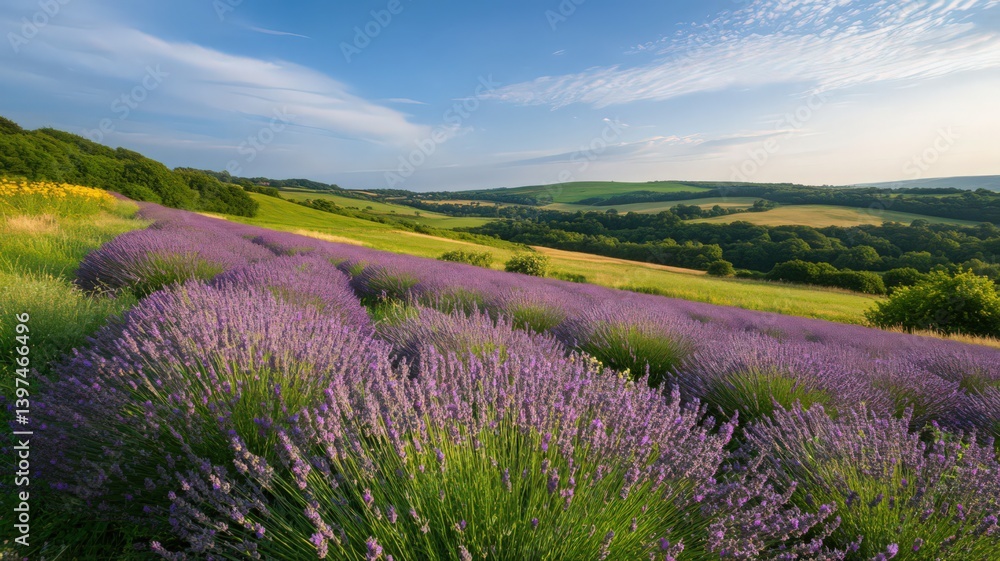 Vibrant Lavender Field in Full Bloom under Blue Sky Lush Green Hills and Forests Create Tranquil Countryside Landscape on Sunny Day