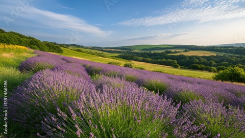 Obraz na płótnie Vibrant Lavender Field in Full Bloom under Blue Sky Lush Green Hills and Forests Create Tranquil Countryside Landscape on Sunny Day w salonie