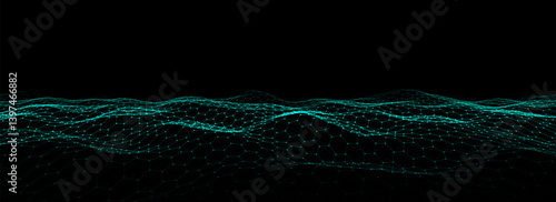 Futuristic vector hexagon wave. Dark cyberspace. Abstract wave with dots and line. Blue moving particles on a black background.