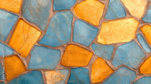 Vibrant Mosaic of Blue and Gold Irregular Tiles in a Textured Pattern with Neutral Grout