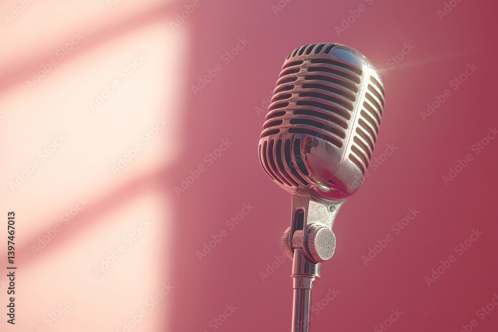 Close-up of vintage chrome microphone against pink wall with sunlight. Concept of audio recording, retro music and podcasting