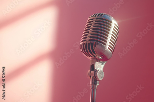 Obraz na płótnie Close-up of vintage chrome microphone against pink wall with sunlight. Concept of audio recording, retro music and podcasting w salonie