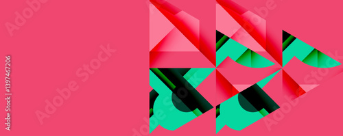 Abstract geometric composition. Pink background contrasts with teal, red shapes. Sharp angles, layered forms create dynamic visual interest. Modern design elements present.