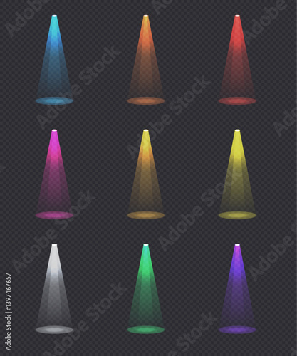 Set of colorful spotlight beams on dark transparent background. Perfect for stage lighting effects, concert scenes, interface highlights, or event design elements.