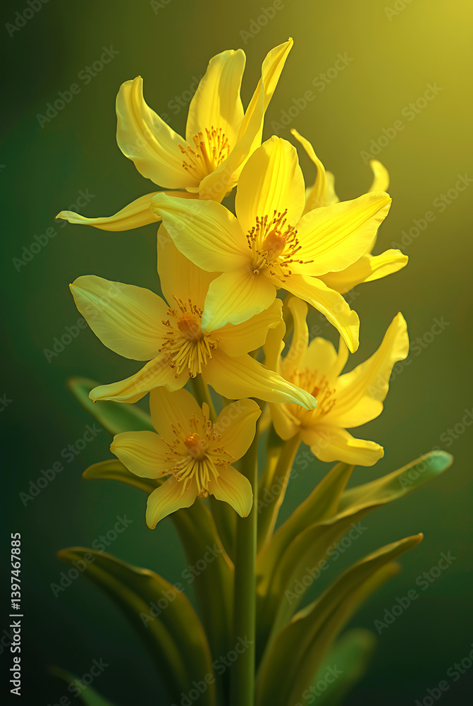 Fototapeta premium Yellow lilies in full bloom are captured in a vertical arrangement against a soft green backdrop. The delicate petals and intricate stamens are highlighted, showcasing their natural beauty.