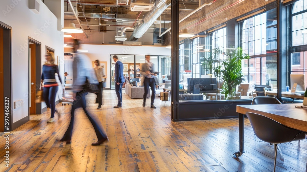 Fototapeta premium Modern office space filled with professionals engaging in collaborative work activities during daytime hours