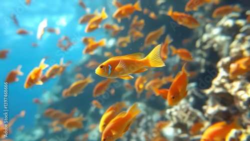 Vibrant Orange Fish Schooling Underwater Near Coral Reef