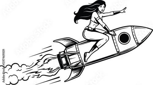 Silhouette of a woman riding a rocket into space