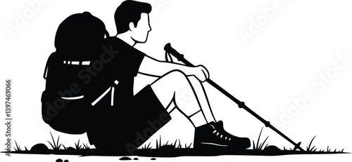 Silhouette of a seated hiker with a backpack and trekking pole, resting on rocky terrain
