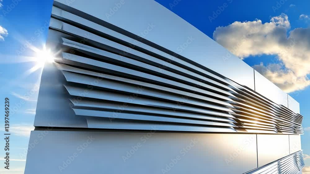 Modern Architectural Design: Sleek Metal Facade Against a Sunny Sky Modern Architectural Design: Sleek Metal Facade Against a Sunny Sky