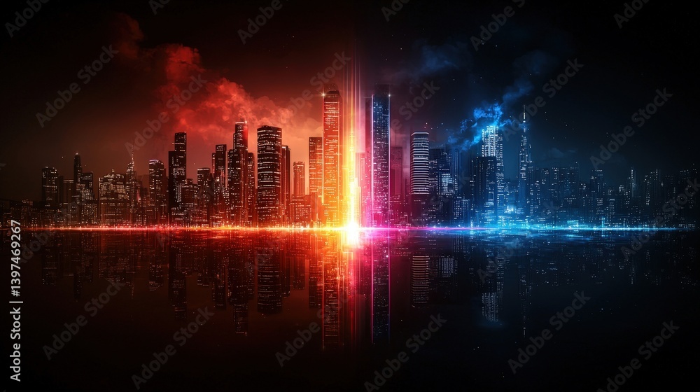 Fototapeta premium A city skyline is reflected in a body of water