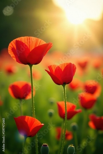 Vibrant red poppies bathed in sunlight, idyllic summer scene, idyllic, plants, poppy field