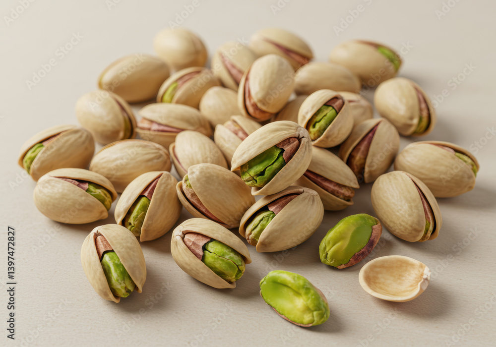 A group of fresh pistachios, some shelled, sit together on a light surface. A group of fresh pistachios, some shelled, sit together on a light surface.