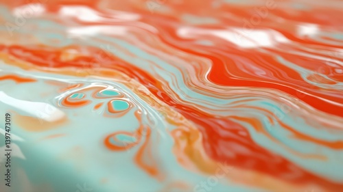 Obraz na płótnie Vibrant Swirling Abstract Pattern Featuring Red Orange and Teal Colors on a Glossy Textured Surface Creating a Dynamic Fluid Art Design w salonie