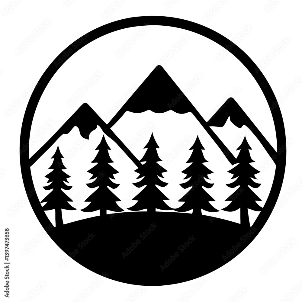 Obraz premium Majestic Mountain Range with Evergreen Trees in a Circular Scenic View