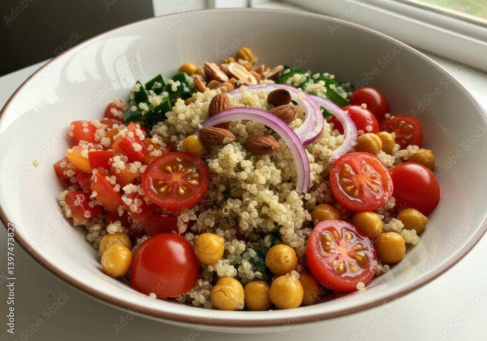 A delicious and healthy quinoa salad featuring fresh cherry tomatoes and almonds. A delicious and healthy quinoa salad featuring fresh cherry tomatoes and almonds.