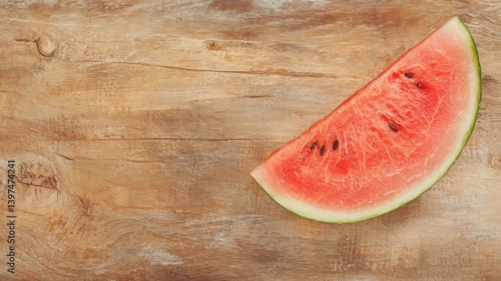 Vibrant Watermelon Slice Displayed on Rustic Wooden Tabletop Rich in Texture with Vivid Red Flesh and Scattered Seeds Detail Top View