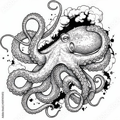 Detailed Ink Octopus Drawing Black White Artistic Illustration Ocean Creature Tentacles Graphic     