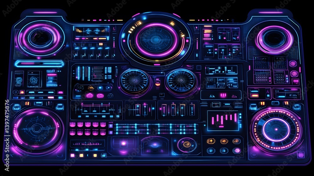 A futuristic glowing console panel with various display features A futuristic glowing console panel with various display features