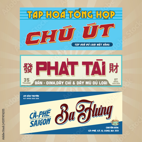 Vintage Vietnamese shop signs set – retro-style signage for grocery store, hardware shop, and Saigon coffee. Textured, nostalgic design with bold typography and old-school colors