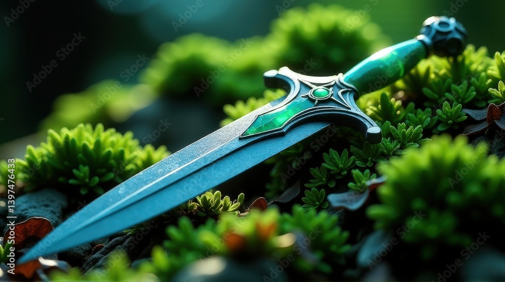 Obraz premium Enchanted green and silver dagger resting amidst lush moss in sunlight.
