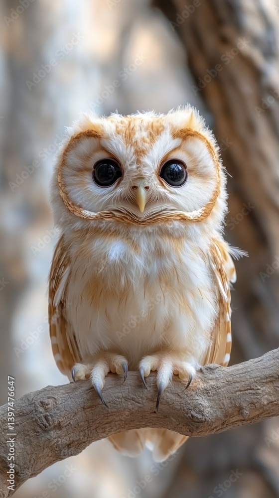 Obraz premium Adorable baby owl perched on a tree branch at sunrise, wildlife photography