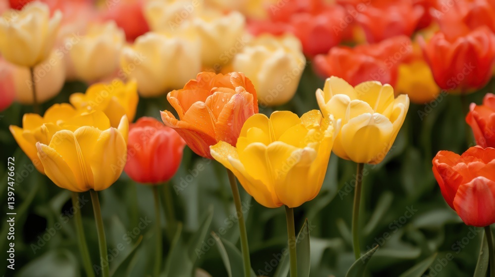 Vibrant Yellow and Orange Tulips in a Spring Field