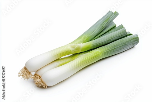 Freshly harvested green leeks, organic vegetables, close-up studio shot of leeks, isolated on white background