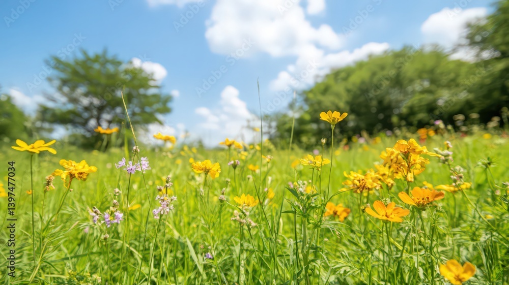 Vibrant Yellow And Purple Wildflowers In Sunny Field Under Blue Sky Vibrant Yellow And Purple Wildflowers In Sunny Field Under Blue Sky