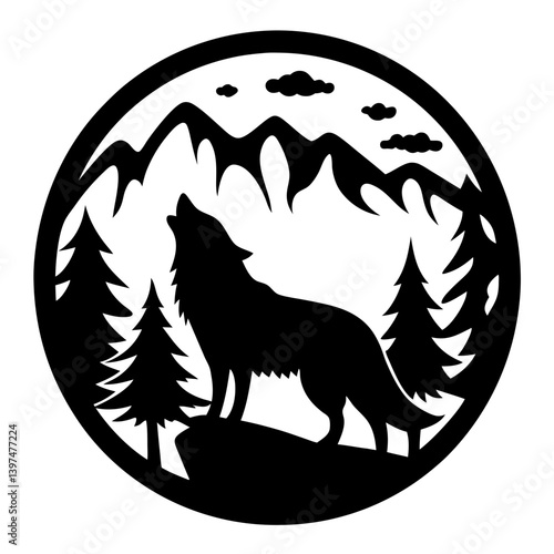 Majestic Wolf Howling at Mountains in a Circular Forest Silhouette